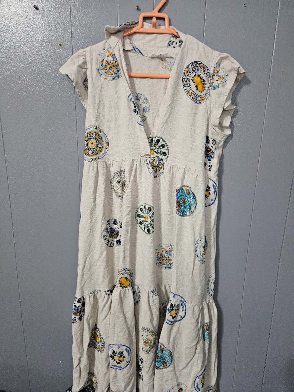 Jane + Delancey Ivory Floral Tiered Ruffle Sleeve Midi Dress Sz L